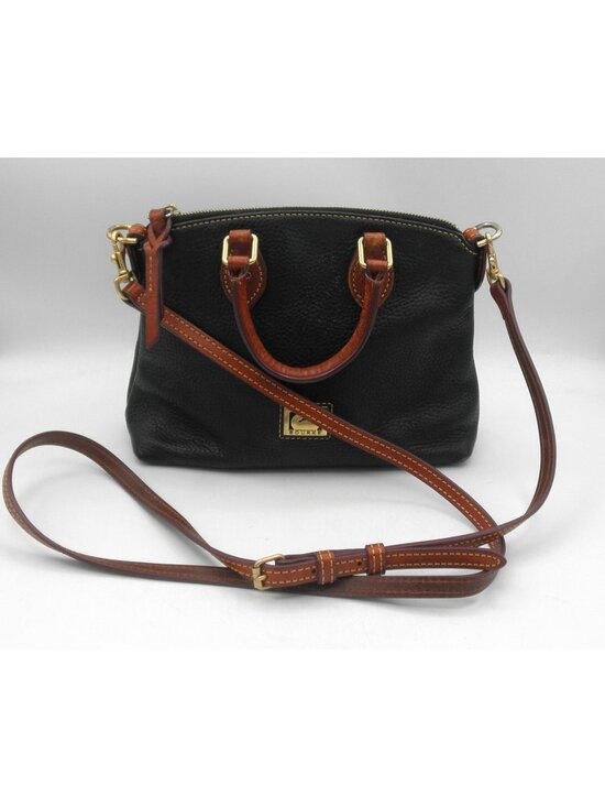 Dooney & Bourke Handbags - Dooney & Bourke Black Pebbled Leather Brown Accents Crossbody Satchel Handles
